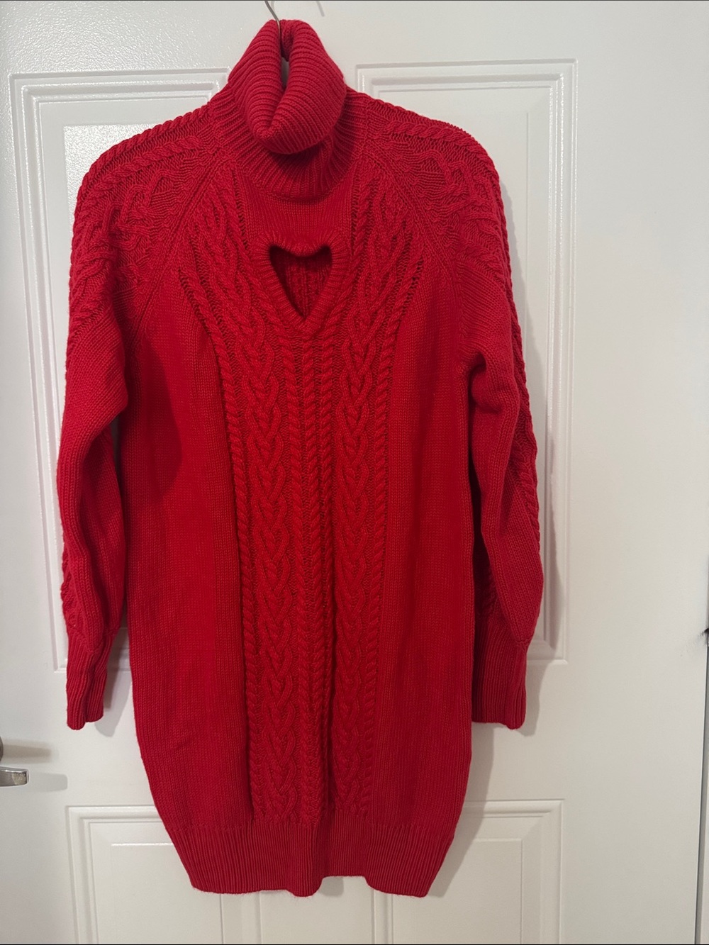 Women's Red Cable Knit Turtleneck Sweater Dress with Heart Cutout